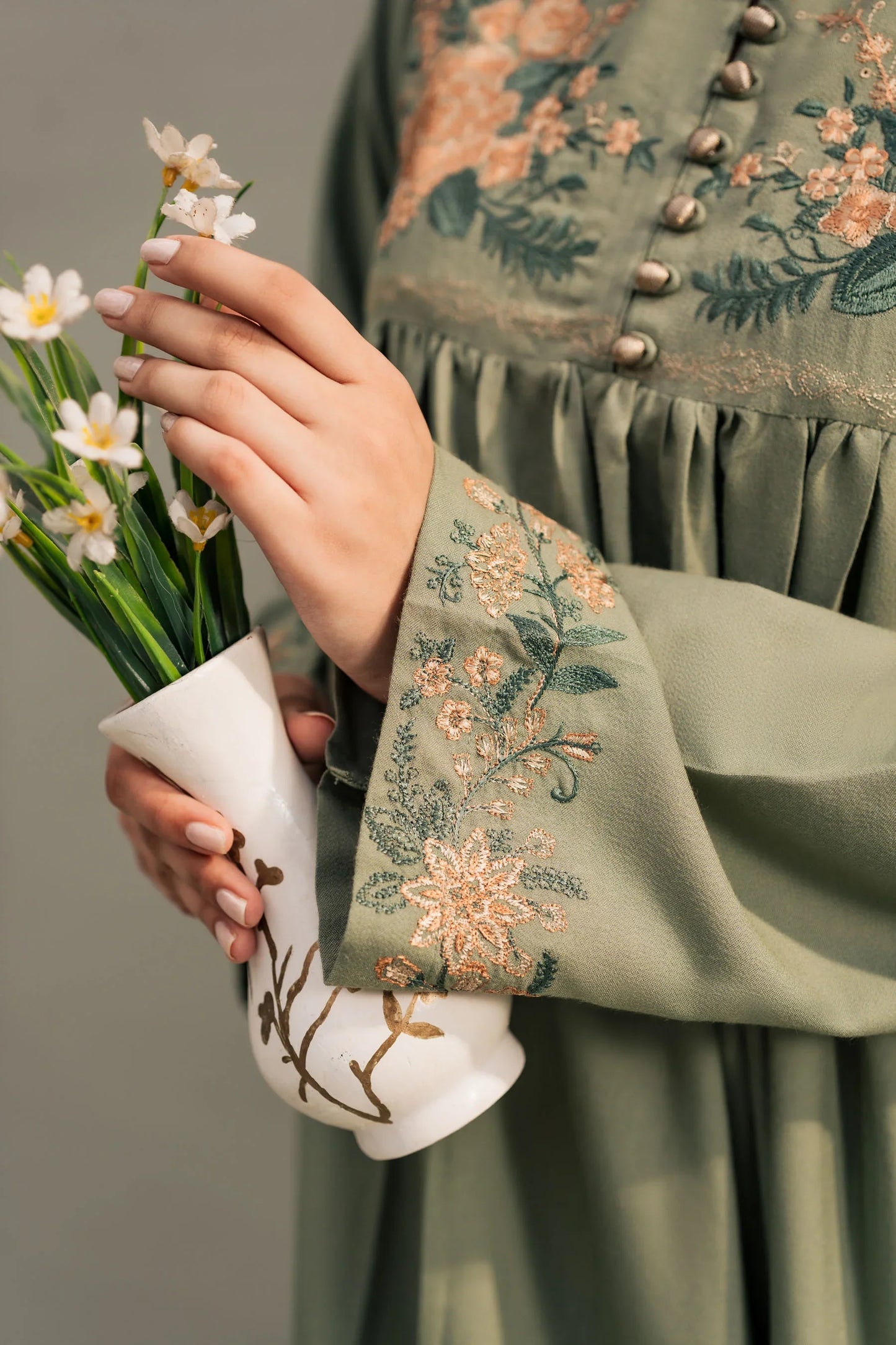 Sage Peach Embroidered A-Line Kurta Set with Shawl