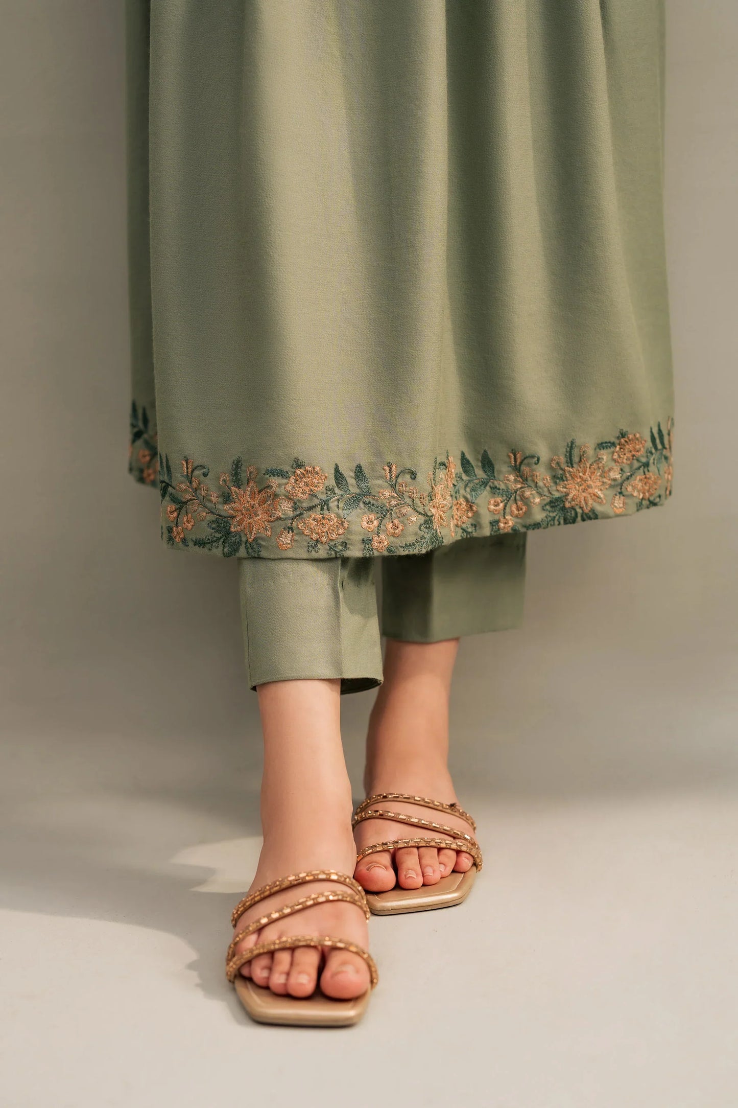 Sage Peach Embroidered A-Line Kurta Set with Shawl