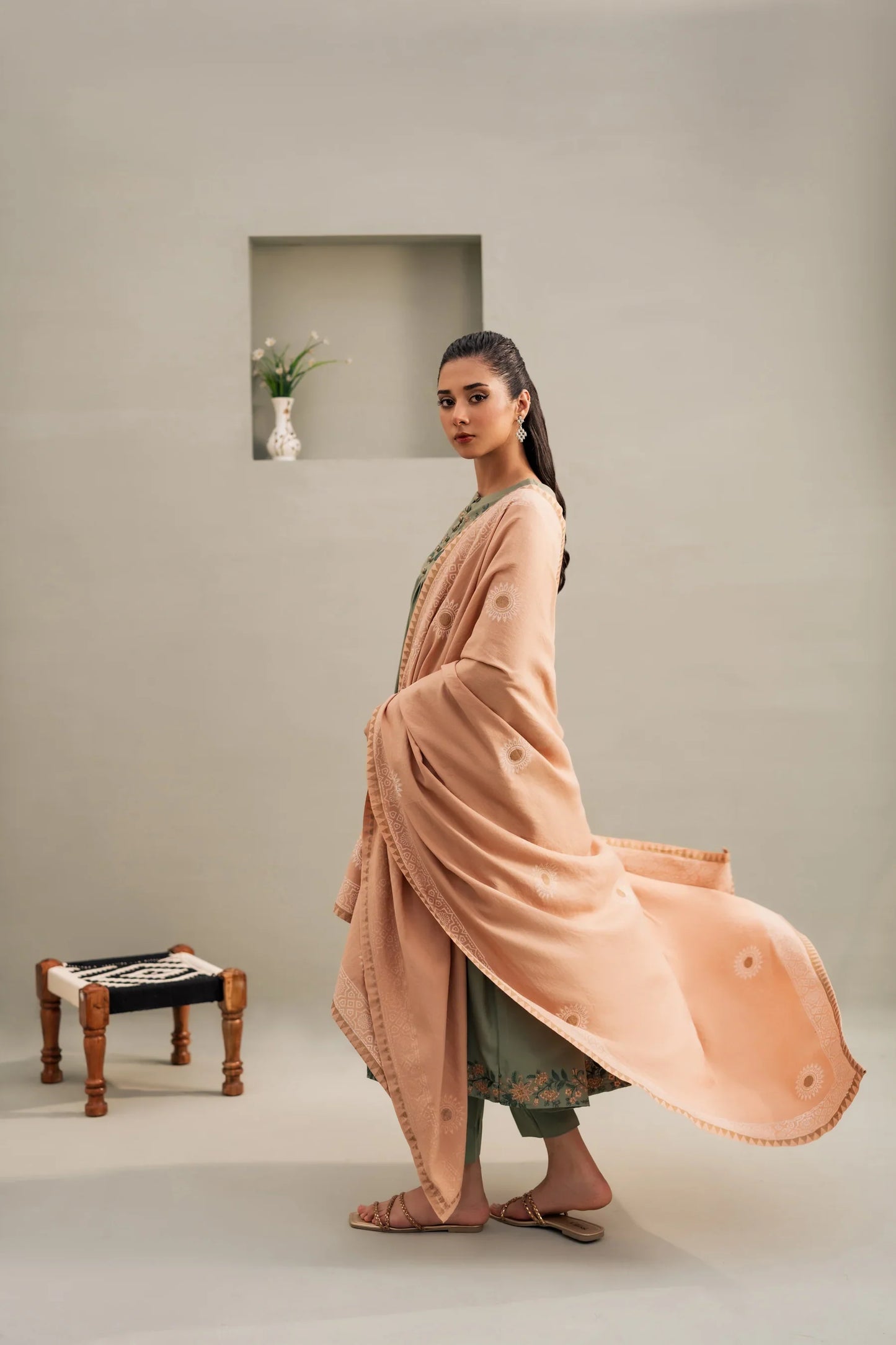 Sage Peach Embroidered A-Line Kurta Set with Shawl