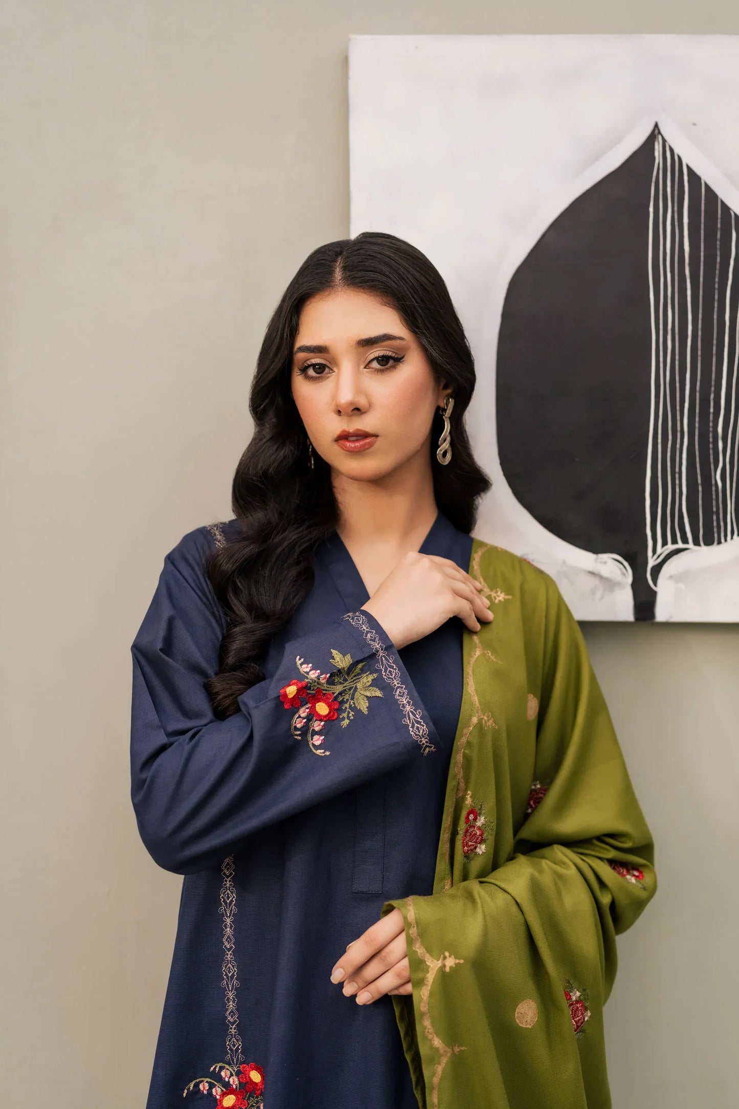 Midnight Olive Embroidered Kurta Set with Contrast Shawl