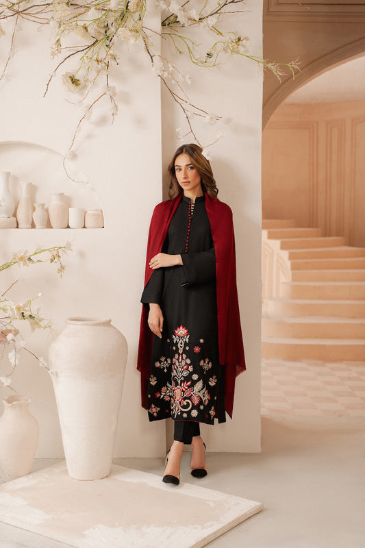 Noir Blossom Embroidered Suit Set with Crimson Shawl