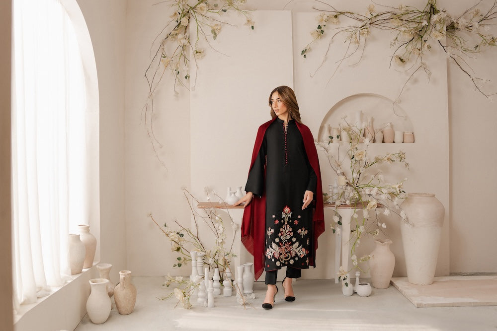 Noir Blossom Embroidered Suit Set with Crimson Shawl