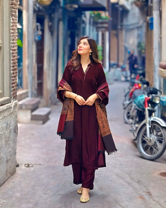 Velvet Reverie Maroon Suit Set with Kashmiri Shawl