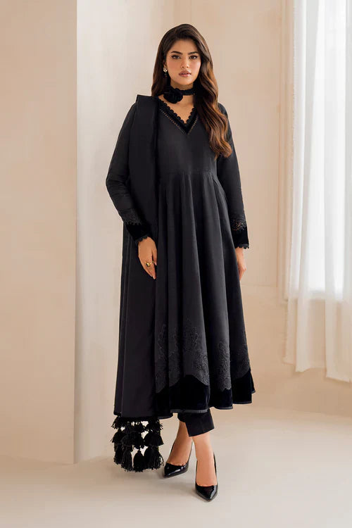 Midnight Muse Anarkali Kurta Set with Velvet Accents & Tassel Shawl