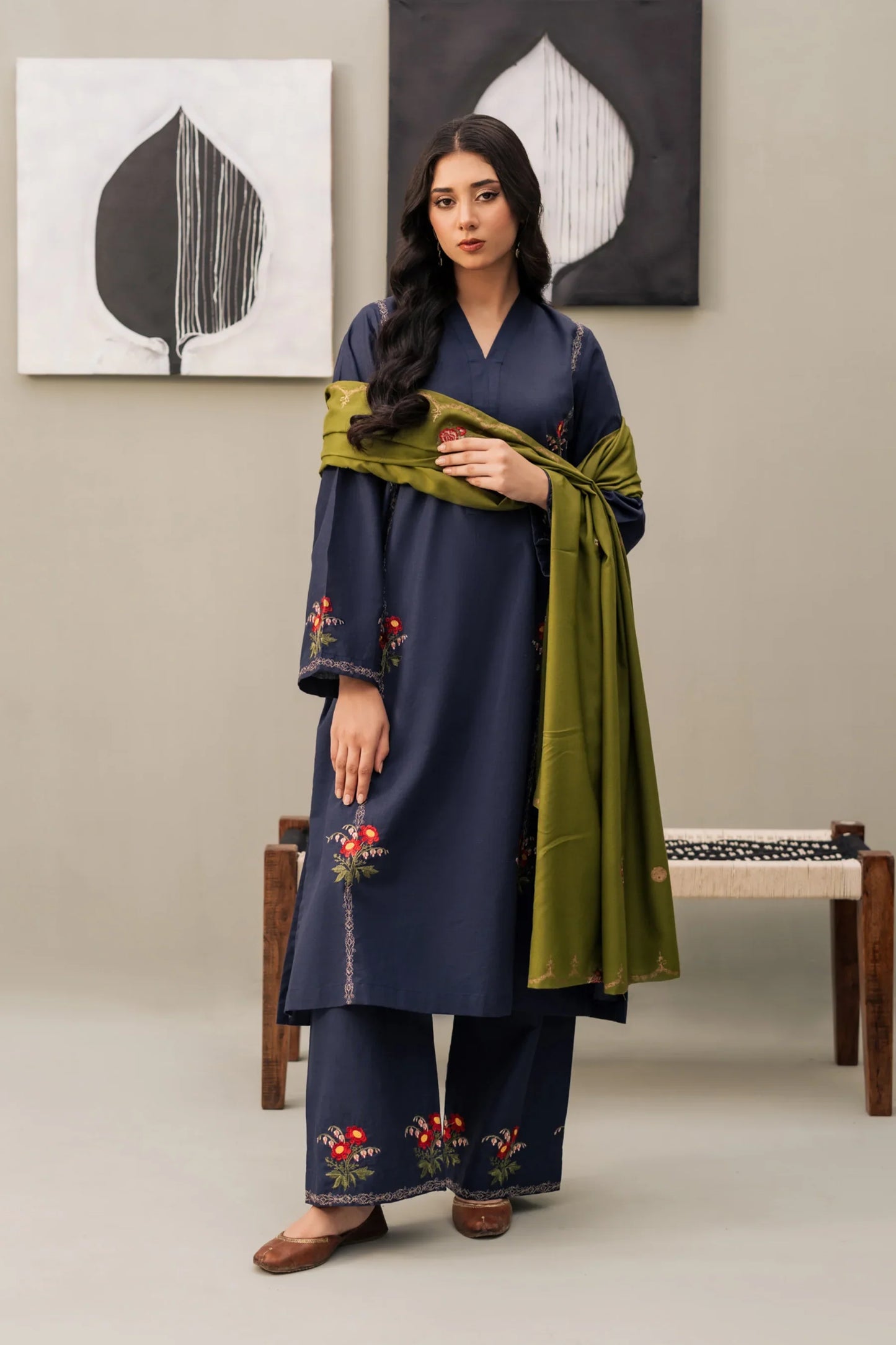 Midnight Olive Embroidered Kurta Set with Contrast Shawl